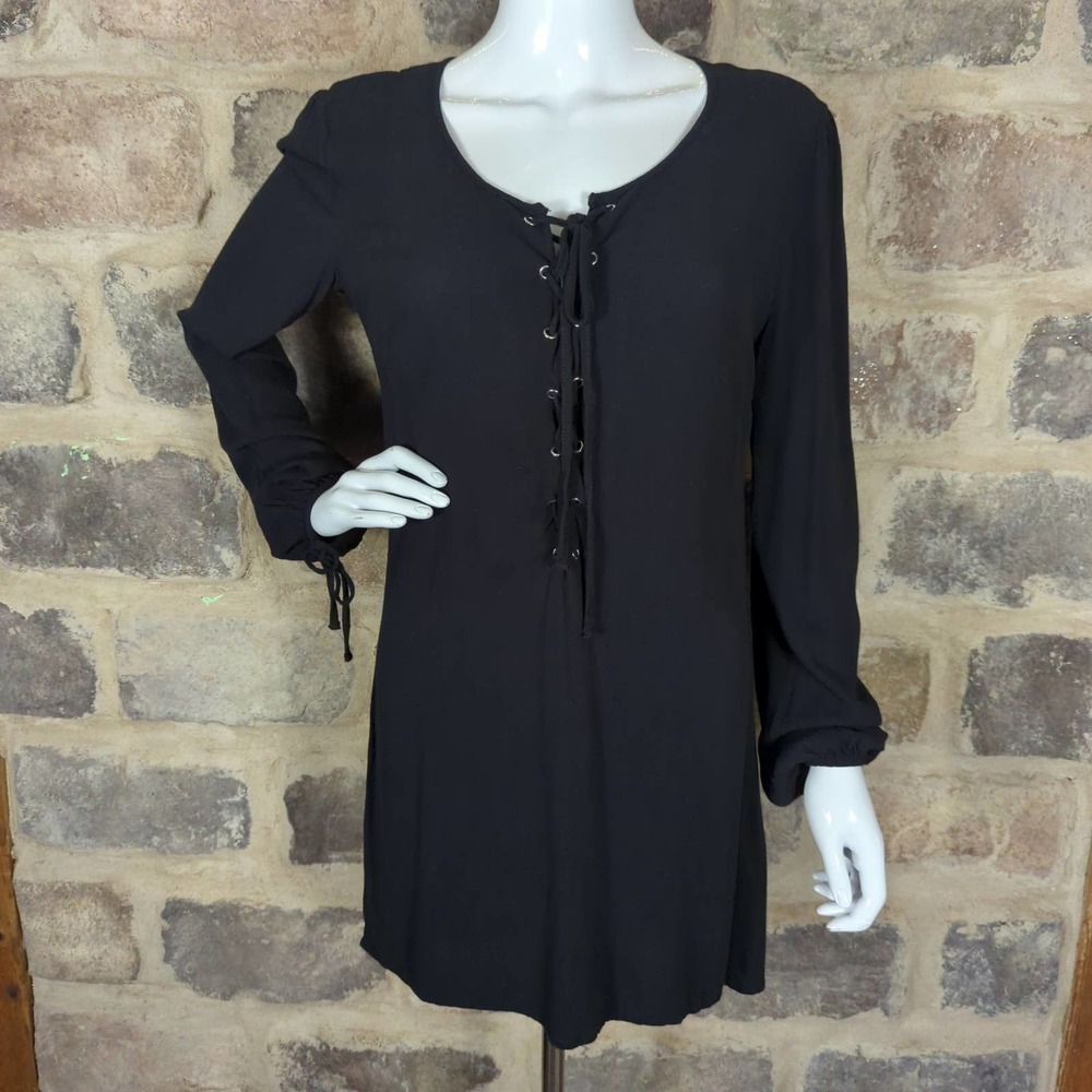 Kendall + Kylie Black Mini Peasant Dress Size Small Long Sleeve Lace Up Festival